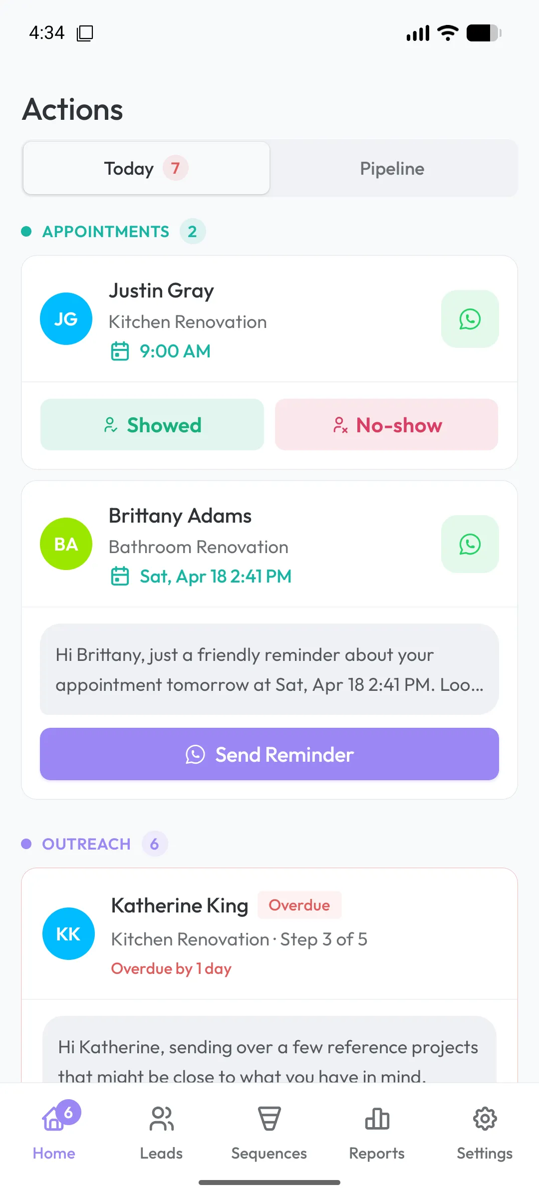 Adsity client mobile app — today's actions